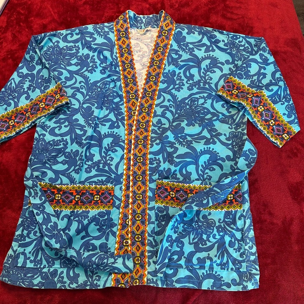 Vintage Hukilau‎ Fashions Honolulu Blue Floral Kimono Robe Wrap Jacket Trimmed